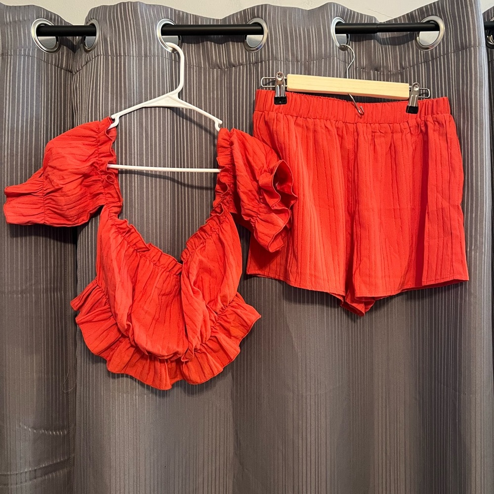 off the shoulder top with matching shorts